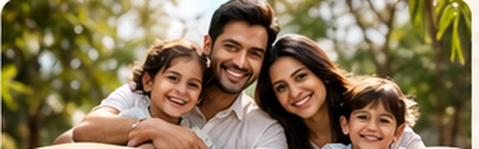Smiling family in an outdoor garden scene