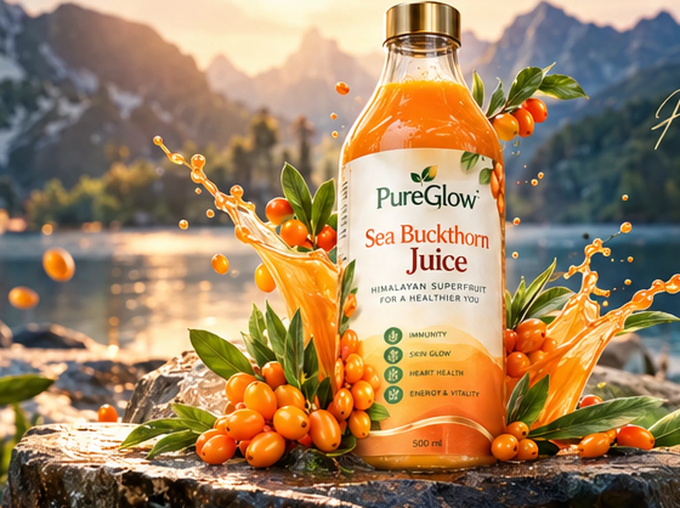 Concept campaign artwork showing PureGlow Sea Buckthorn Juice against a Himalayan-inspired landscape